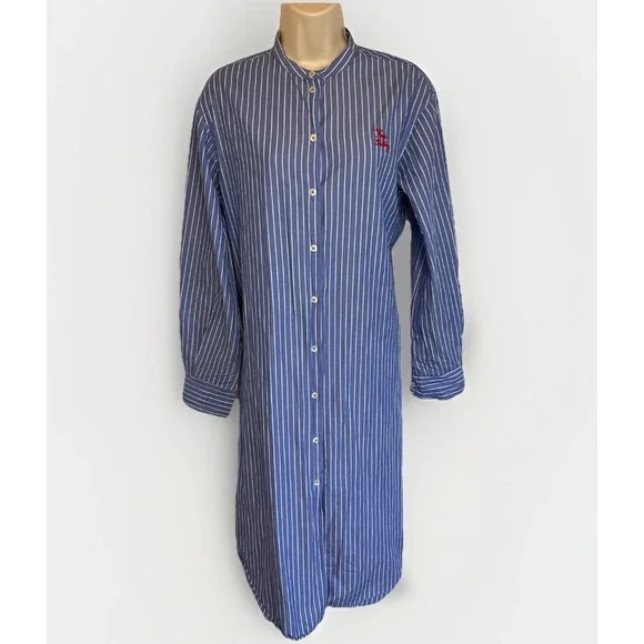 Maison Labiche Dress Size‎ S Blue Button Down Striped W/embroidered Keep Smiling - Picture 2 of 9